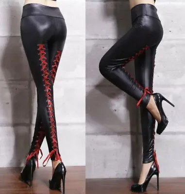 Black Sexy Gothic Wet Look  Leggings Back Lace Up Red M • £13