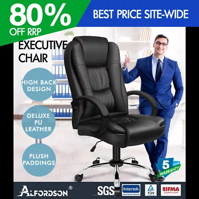 ALFORDSON Executive Office Chair PU Leather Computer Gaming Racer Black Seat • $129.95