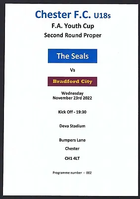 £2.35 • Buy CHESTER FC V BRADFORD CITY 23.11.22 FA YOUTH CUP 2nd ROUND PROGRAMME