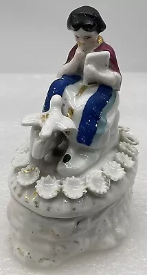 Antique Porcelain Whimsey Trinket Box Lady With Bird Holding A Book • $12.99