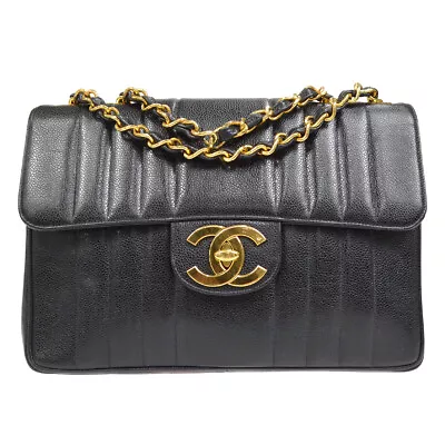 Chanel Black Caviar Jumbo Vertical Stitch Classic Flap Bag 96283 • £4765.03