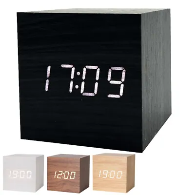 Wooden Digital Desk Table Clock LED Display Alarm Temperature Modern Home Decor • £8.36