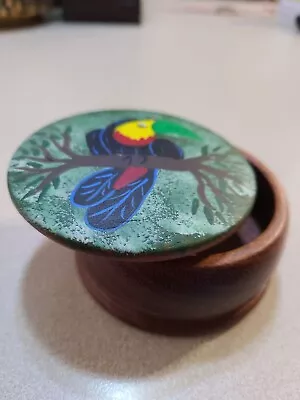 Heavy Wood Trinket/stash Box Handpainted Parrot Toucan Lid 3  Diameter 1 1/2  Up • $19.99