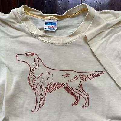 Champion Dog 70s 1970s Vintage T Shirt Large 14-16 BOYS XXS Yellow Blue Bar • $24