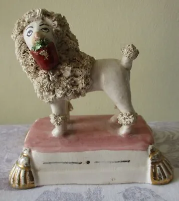 £89.99 • Buy Antique Staffordshire Confetti Poodle With Basket On Pink Cushion Stand 19thC