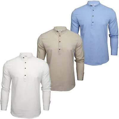 Xact Mens Cotton Linen Grandad/ Band Collar Tunic Shirt - Long Sleeved • £29.99