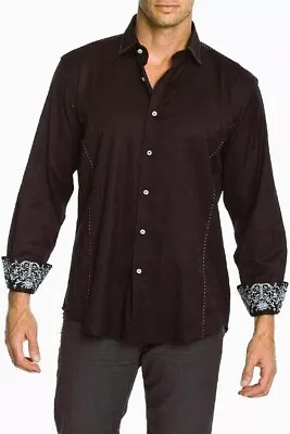 Zagiri Men's Flip Cuff Brown Button Down Shirt XXL White Embroidery Untuck • $22.99