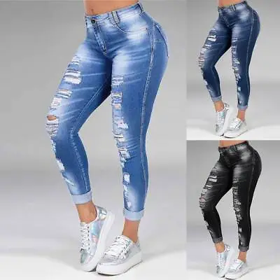 Womens Ripped Denim Pants Jeans Ladies Stretchy Slim Fit Skinny Leggings Size 18 • £18.39