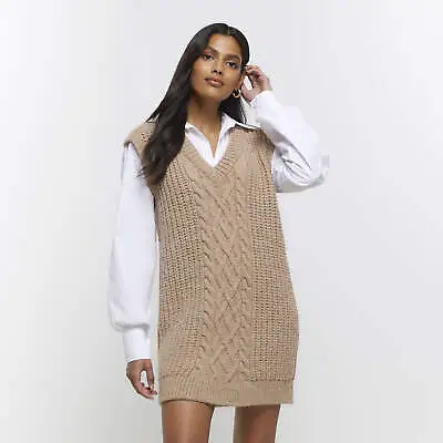 River Island Womens Jumper Mini Dress Beige Cable Knit Long Sleeve Collared • £17.40