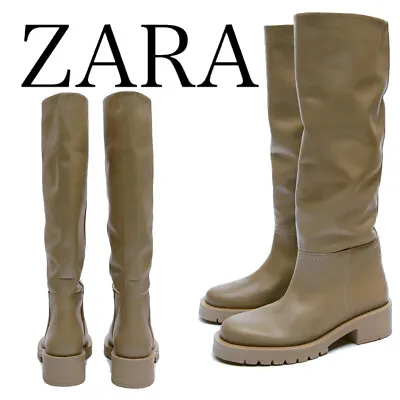 $135 • Buy Zara Taupe Leather Slip On Biker Boots With Track Sole 1000/810 Us 7.5 / Uk5