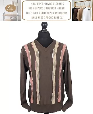 Gabicci Brown Patterned Long Sleeve V-Neck Jumper Size M Retro Vintage Style • £14.99