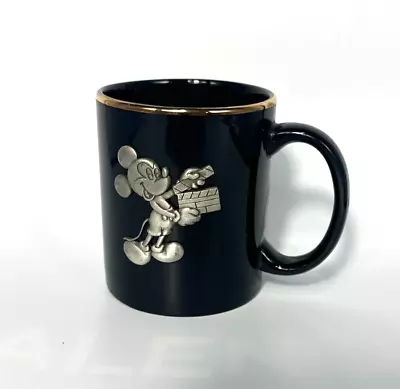 The Walt Disney Studios Black Coffee Mug Gold Trim Pewter Mickey Mouse 3D Emblem • $17.97