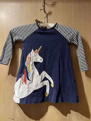 Girls Mini Boden Long Sleeve White Navy Blue Stripe Appliqué Unicorn Dress 2-3 • $16