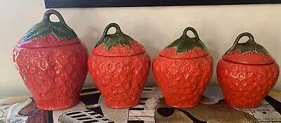 Cookie Jars Strawberry 4 Canisters Collectible Ceramic Set With Lids Set Vintage • $250