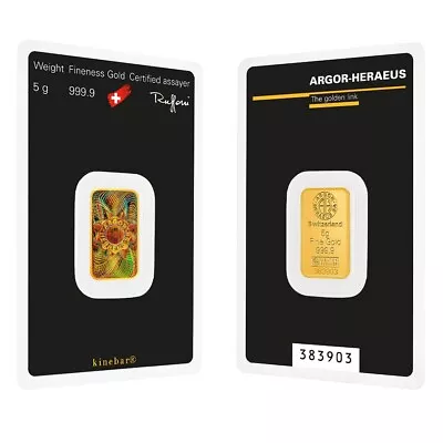 5 Gram Argor Heraeus Kinebar Gold Bar .9999 Fine (In Assay) • $404.96