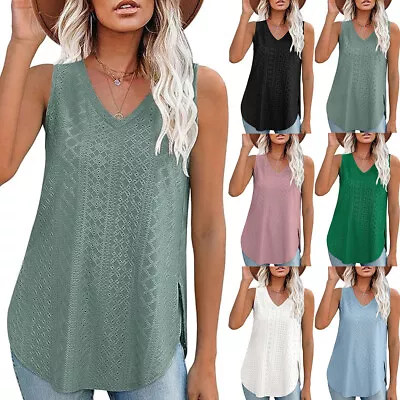 Ladies Summer V Neck T Shirts Loose Casual Blouse Split Tops Sleeveless Vest Tee • £12.71