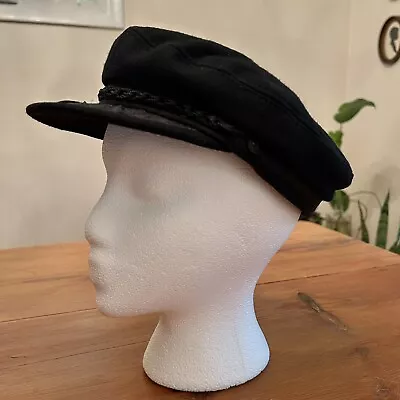 Vintage Fisherman Cap Black Wool Blend Newsboy Sea Captain Made In Greece 56-7 • $20