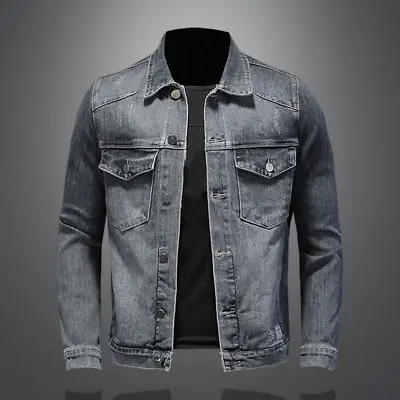 Stretch Casual Denim Jacket For Men Slim Fit Long Sleeve Biker Jacket Outwear • $56.70