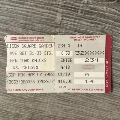 1988 Chicago Bulls Mar 7 Michael Jordan 38 Pts Ticket Stub @ MSG Vs Knicks • $20