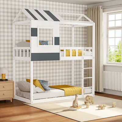 Children Wood Bunk Bed House Bed Frame Kids Slatted Mid Sleeper Bedstead 2 Tiers • £339.95