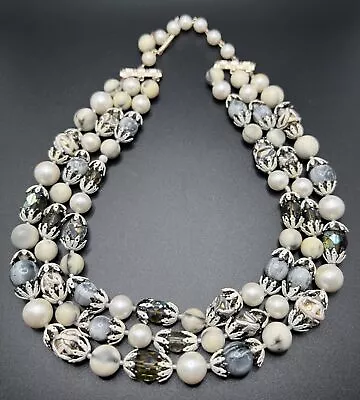 STUNNING VINTAGE ESTATE SIGNED JAPAN B&W Grey BEADED  3 Strand Necklace • $14.99