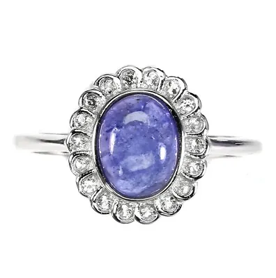 Natural Unheated Oval Blue Tanzanite 8x6mm White Topaz 925 Silver Ring Size 8 • £110.83