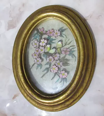 Vintage Heavy Wood Gold Painted Oval Frame Shadow Box Art Picture Pink Flowers • $39.95