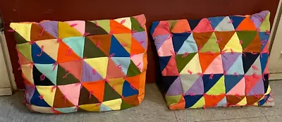 2 Vintage Mid Century Hand Made Triangle Patchwork Quilt Throw Pillows Decor • $49.90