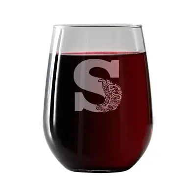 Monogram S | Stemless Wine Glass 17oz | Free Wine/food Pairing Card • $12.95