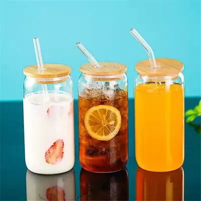 Beer Can Glass With Bamboo Lid And Glass Straw. Iced Coffee Cup • £5.70