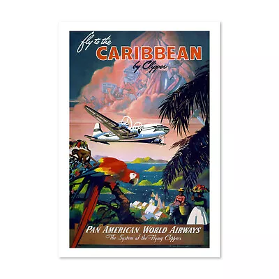 1940s Fly To The Caribbean Vintage Style Tropical Travel Poster - Classic Art • $22.09