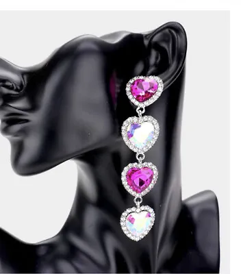 4.2” Long Drop Fuchsia Pink Ab Heart Pierced Rhinestone Crystal Pageant Earrings • $16