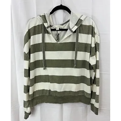Vintage Havana Medium V Neck Hoodie Long Sleeve Green Striped Fleece Braided • $26