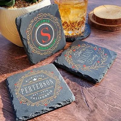 Monogram Custom Name Personalized Slate Stone Coaster Set • $40