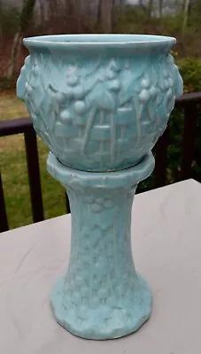 RARE VINTAGE McCoy POTTERY AQUA BASKETWEAVE GRAPES JARDINIERE AND PEDESTAL 20  • $249.99