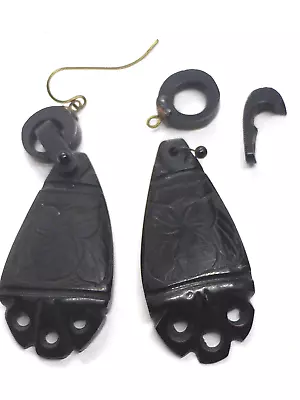 Antique Victorian Carved Whitby Jet Earrings Spares Repair • £12