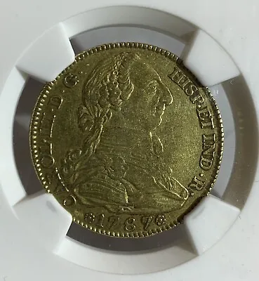Spain Charles III Gold 4 Escudos 1787 M-DV AU53 NGC Madrid Mint KM418.1a. • $1599