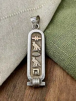 Egyptian Hieroglyphics Bar Pendant Solid Sterling 925 Silver Vintage Charm • £39