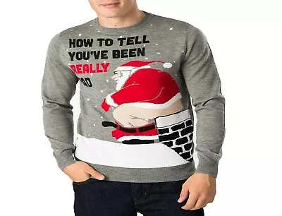 New Mens Funny Bad Santa Chimney Xmas Knitted Christmas Jumper Ugly Rude Sweater • £18.95