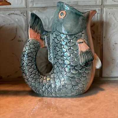 Rare MCM Henriksen Majolica Fish Sculpture Iridescent Jug Pitcher  • $84.99