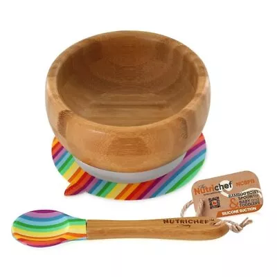 Non-Slip Ergonomic Handle NutriChef Bamboo Bowl W/ Silicone Suction & Spoon • $11.99