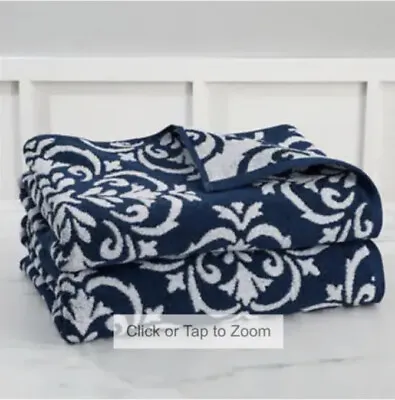 Martha Stewart Navy Blue White Jacquard Bath Towel Set Of 2 New NWT 100% Cotton • $59.99