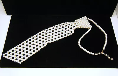 Unique Vintage Faux Pearl Neck Tie Adjustable Necklace Gold Tone • $59.99