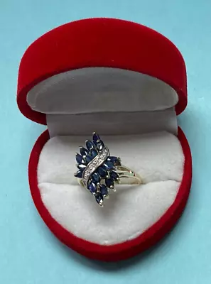 Ladies Marquise Blue Sapphire Cluster Ring Diamond Accents ~ 10k Yellow Gold • $189.99