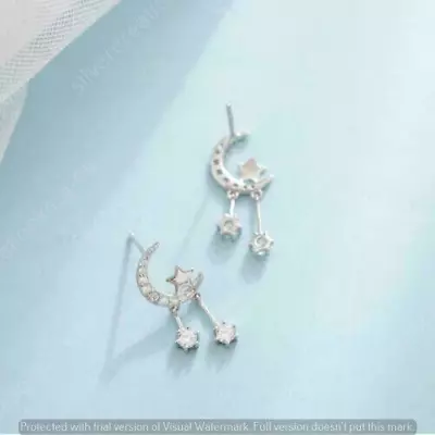 2Ct Round Simulated Diamond Star/Moon Drop/Dangle Earring 925 Silver Gold Plated • $54.60