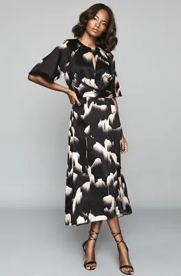 Reiss Arlo Half Sleeve Print Midi Dress Black/white Rrp £225.00 • $62.16