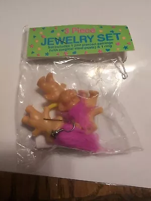 Vintage Pink Hair Good Luck Troll Doll Earrings And Ring 3pc Set LUCKY TROLL • $5