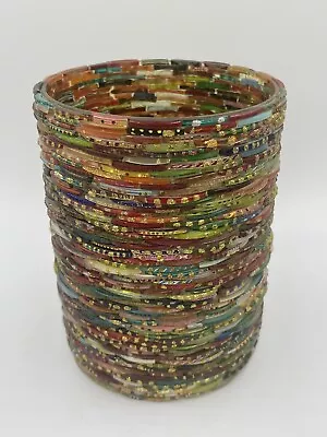 Glass Mosaic Vase India Recycled Vintage Bangle Bracelet 6.75”H 5.5”Dia UV Glow • $45