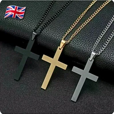 Mens Women Chain Necklace  Cross Stainless Steel Pendant Crucifix Goth Jesus UK • £6.49