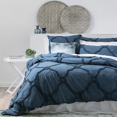 Renee Taylor Moroccan 100% Cotton Chenille Tufted Quilt Cover Set Twilight • $62.16